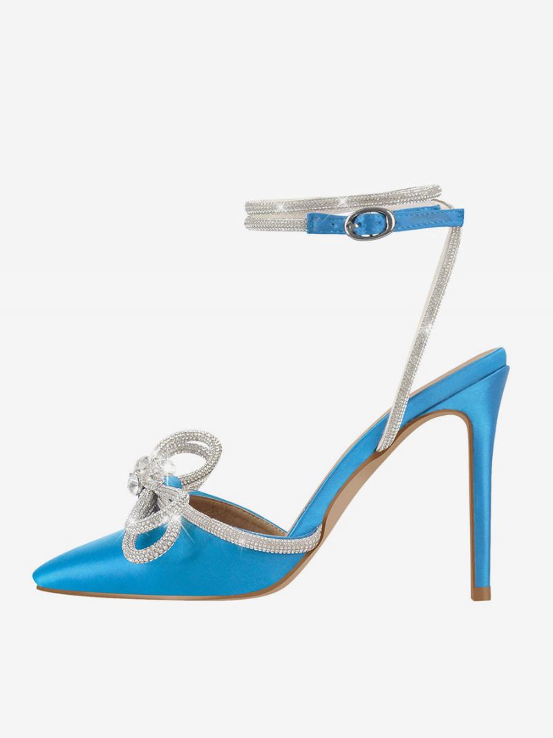 Feestschoenen Met Hoge Hak Satijnen Spitse Neus Strass-stiletto-sandalen Enkelbandje Galaschoenen - Licht Hemelsblauw