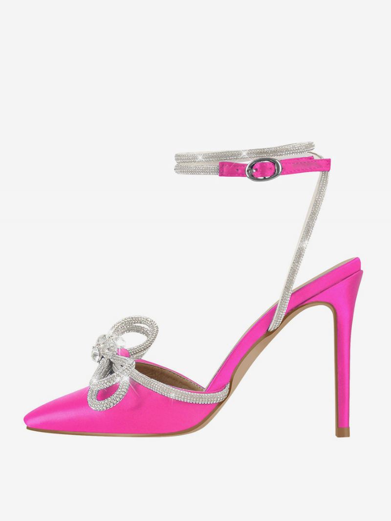 Feestschoenen Met Hoge Hak Satijnen Spitse Neus Strass-stiletto-sandalen Enkelbandje Galaschoenen - Roze