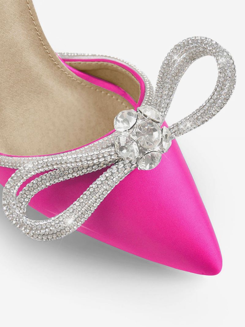 Feestschoenen Met Hoge Hak Satijnen Spitse Neus Strass-stiletto-sandalen Enkelbandje Galaschoenen - Roze