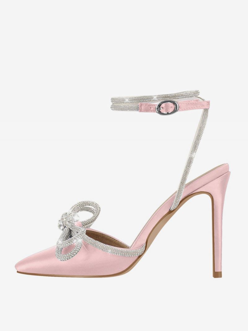 Feestschoenen Met Hoge Hak Satijnen Spitse Neus Strass-stiletto-sandalen Enkelbandje Galaschoenen - Magenta