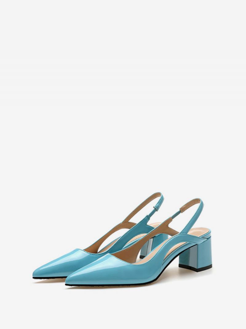 Halfhoge Hakken Dames Chique Puntige Neus Dikke Hak Instapper Glamoureuze Blauwe Slingback - Blauw