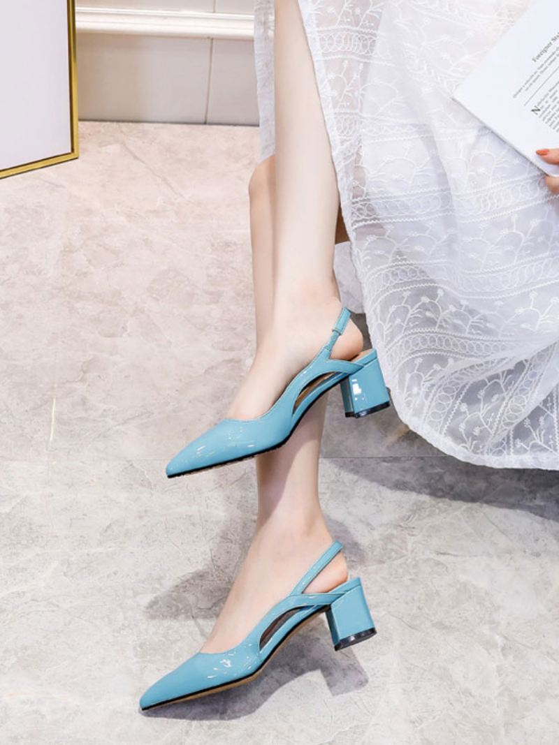 Halfhoge Hakken Dames Chique Puntige Neus Dikke Hak Instapper Glamoureuze Blauwe Slingback - Blauw