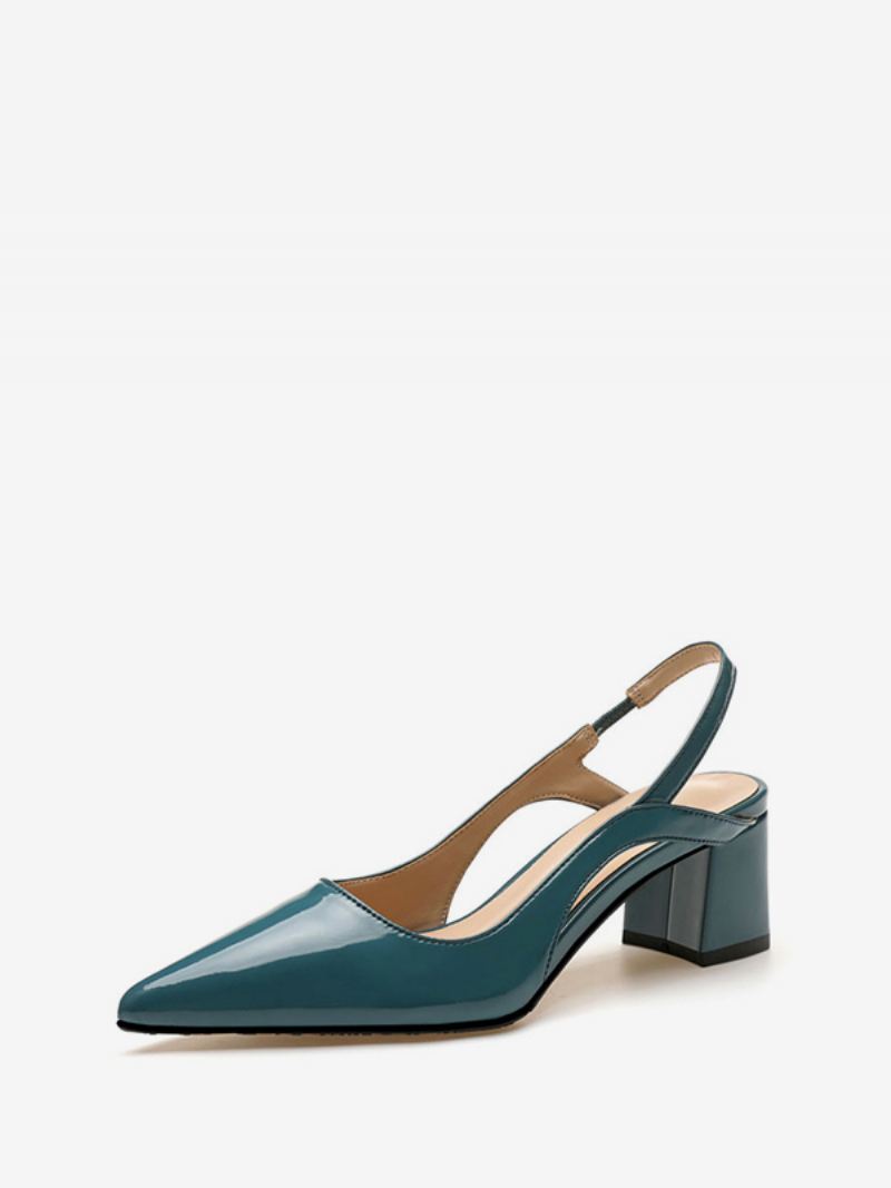 Halfhoge Hakken Dames Chique Puntige Neus Dikke Hak Instapper Glamoureuze Blauwe Slingback - Donkergroen