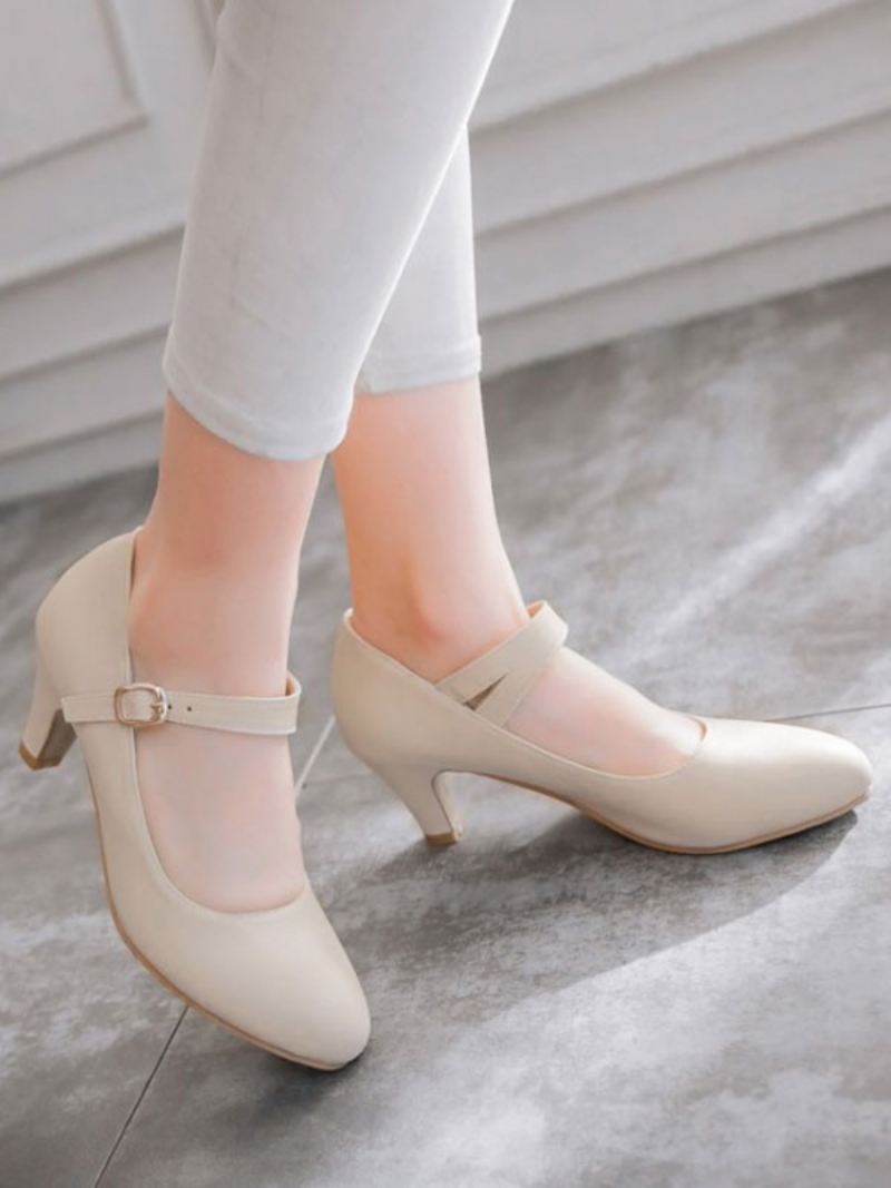 Halfhoge Hakken Dames Klassieke Ronde Neus Puppy-hakriem Verstelbare Glamoureuze Gesp Witte Pumps Vintage Schoenen - Beige