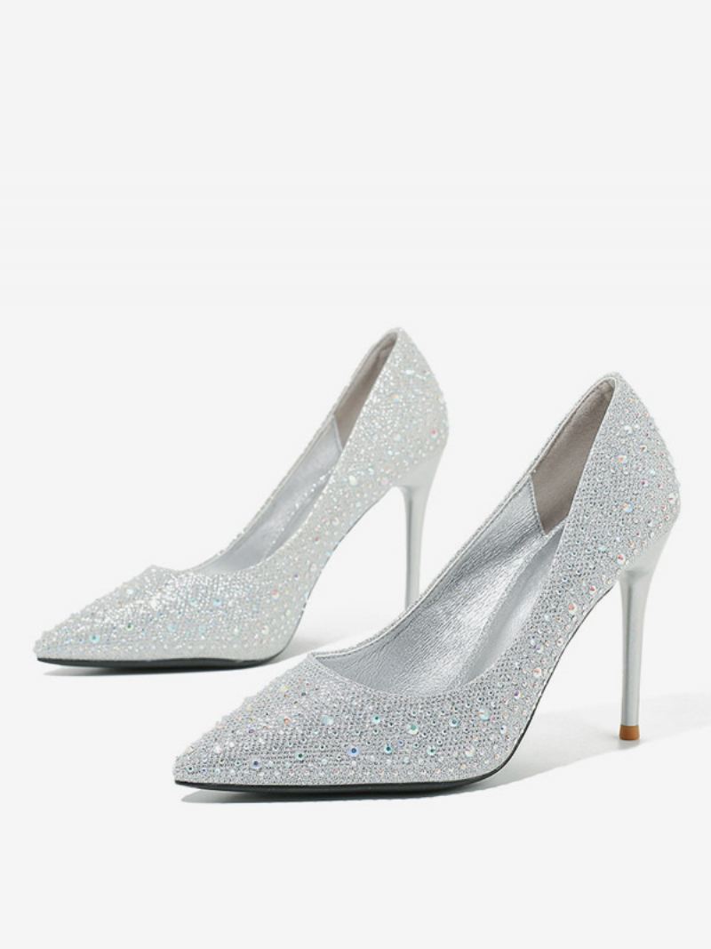 Hoge Hakken Dames Stilettohakpumps Stof Met Pailletten - Zilver