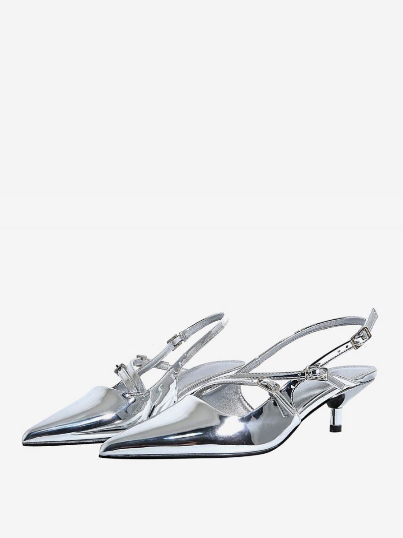 Kitten Heek Pumps Zwarte Slingback Puntige Hakken Dames - Zilver