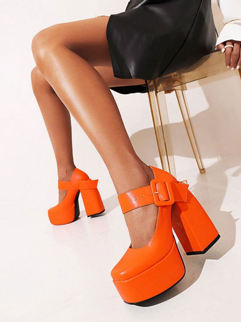 Mary Jane Buckle Platform-pumps Met Dikke Hak Dames - Oranje