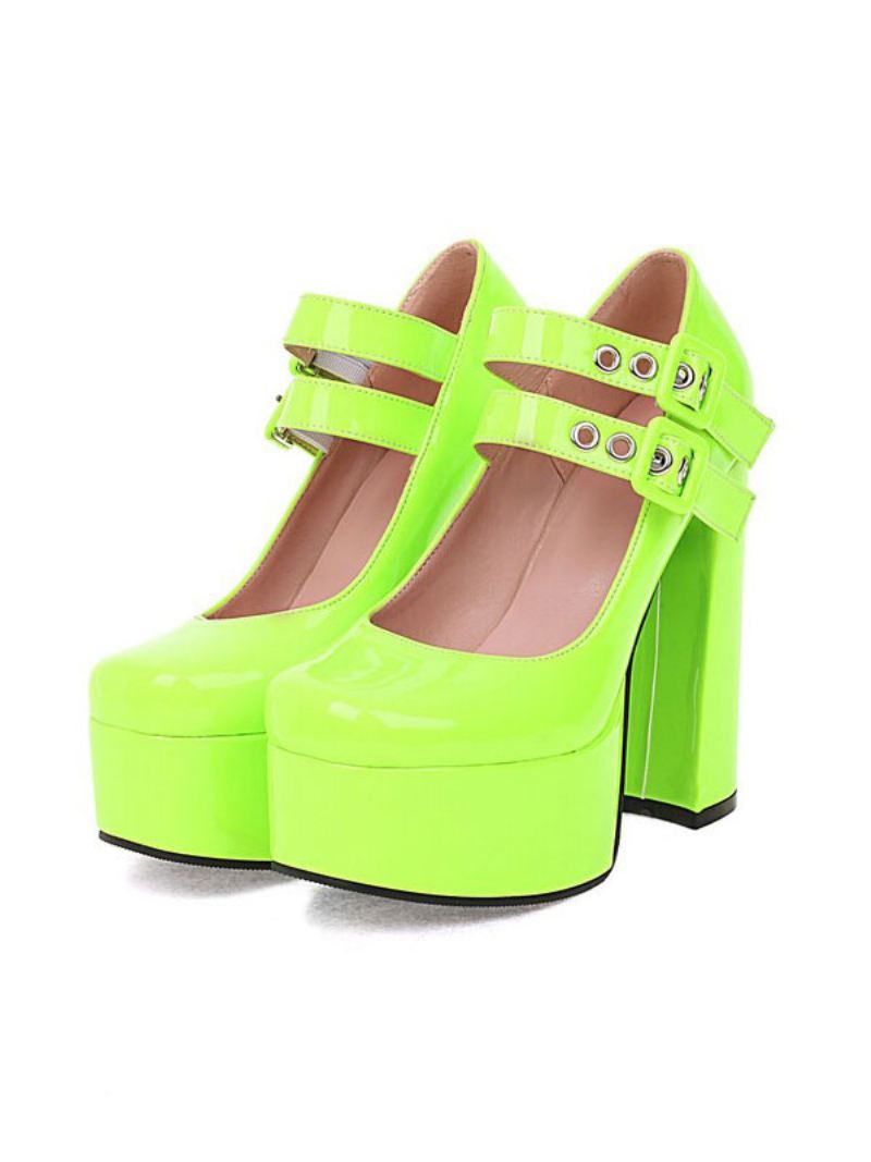 Mary Jane Platform-pumps Met Dikke Hak Dames Dubbele Gespen - Lichtgroen