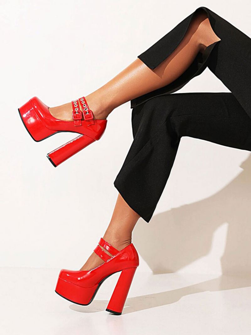 Mary Jane Platform-pumps Met Dikke Hak Dames Dubbele Gespen - Rood