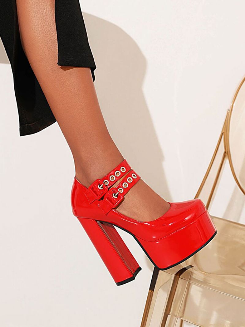 Mary Jane Platform-pumps Met Dikke Hak Dames Dubbele Gespen - Rood