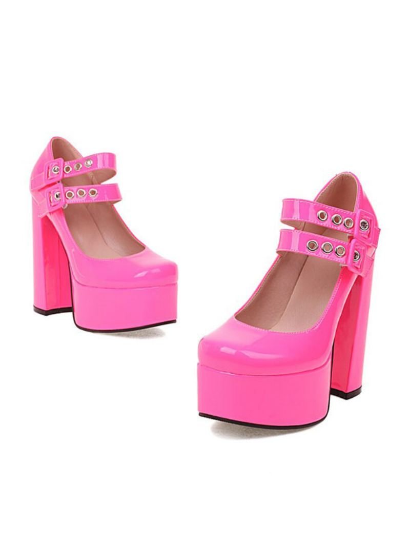 Mary Jane Platform-pumps Met Dikke Hak Dames Dubbele Gespen - Roze