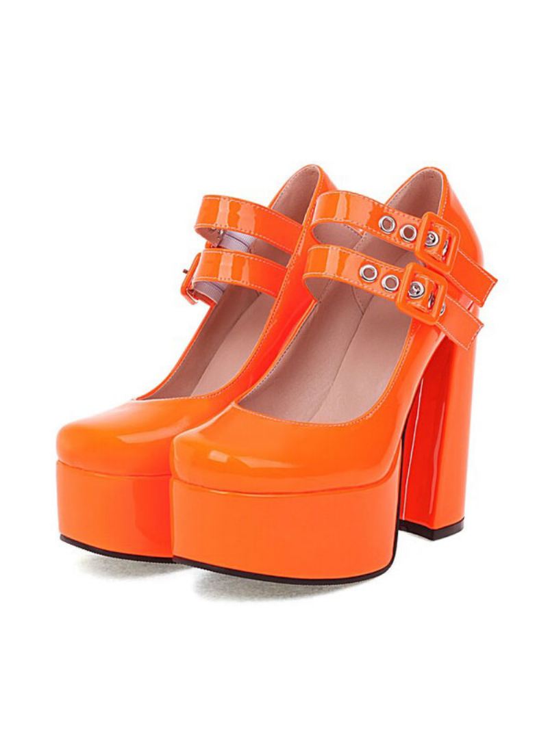 Mary Jane Platform-pumps Met Dikke Hak Dames Dubbele Gespen - Oranje Rood