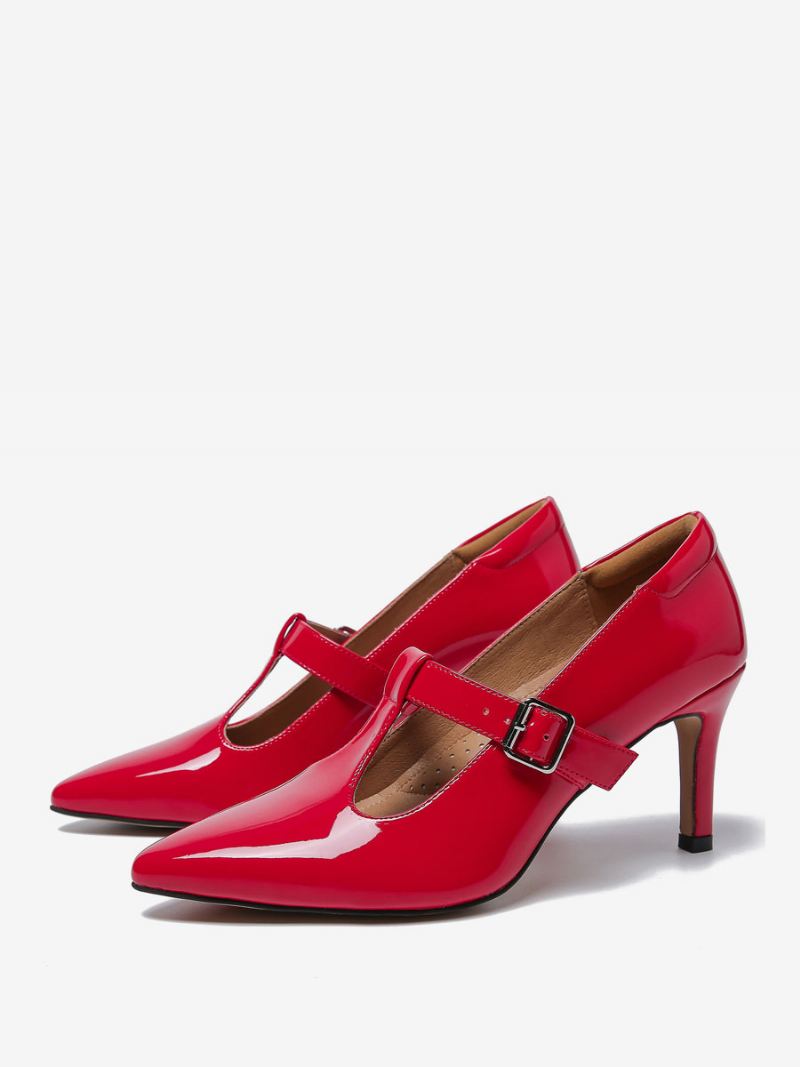 Mary Janes-pumps Dames Rood Leer Met Spitse Neus Naaldhak Kittenhak