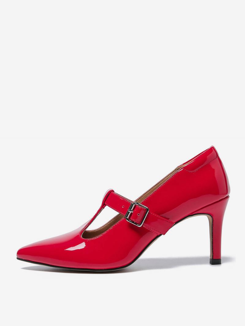 Mary Janes-pumps Dames Rood Leer Met Spitse Neus Naaldhak Kittenhak - Rood