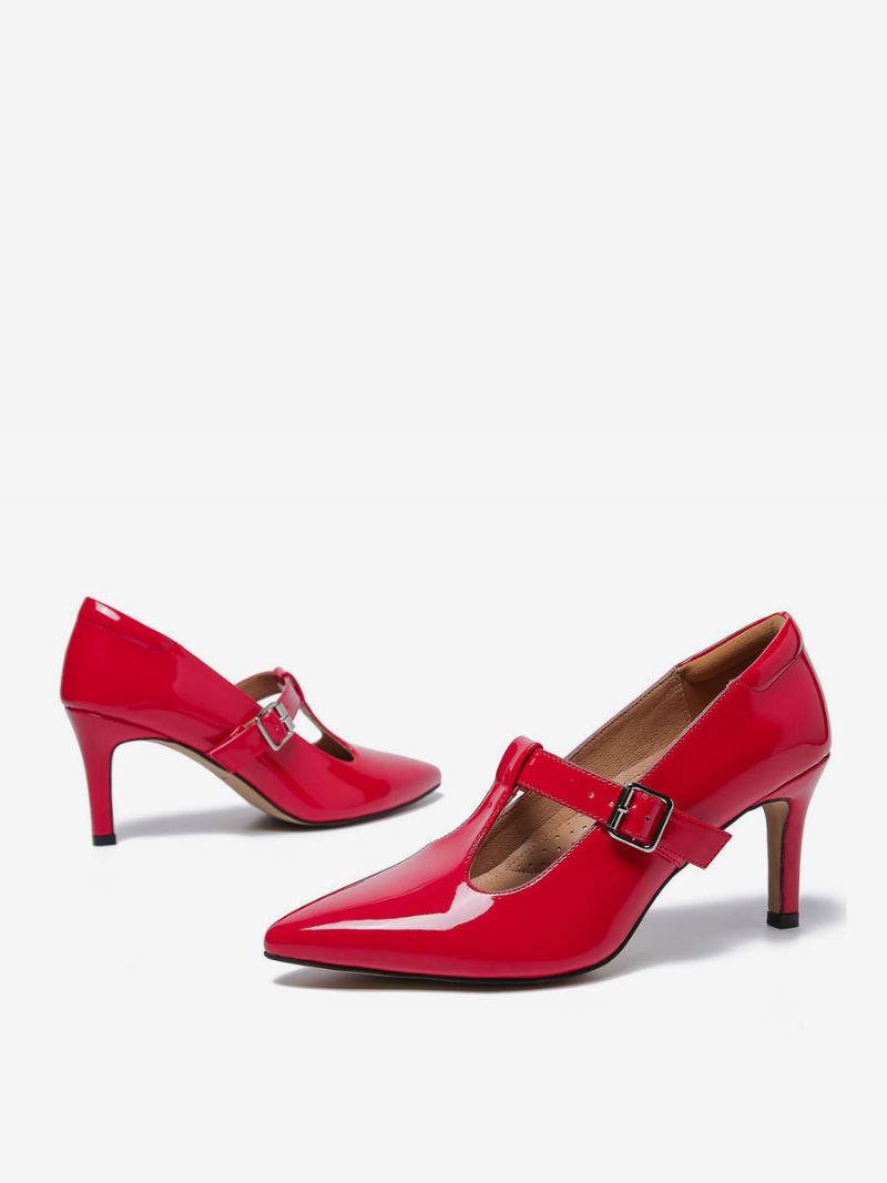 Mary Janes-pumps Dames Rood Leer Met Spitse Neus Naaldhak Kittenhak - Rood