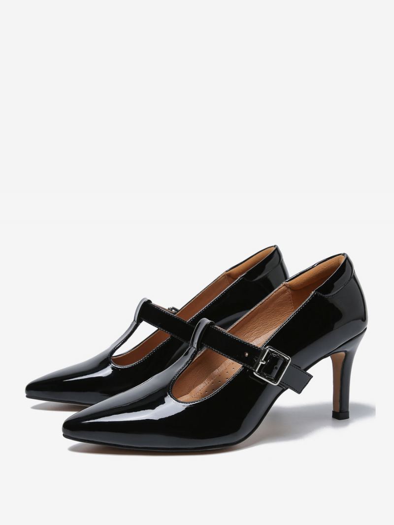 Mary Janes-pumps Dames Rood Leer Met Spitse Neus Naaldhak Kittenhak - Zwart