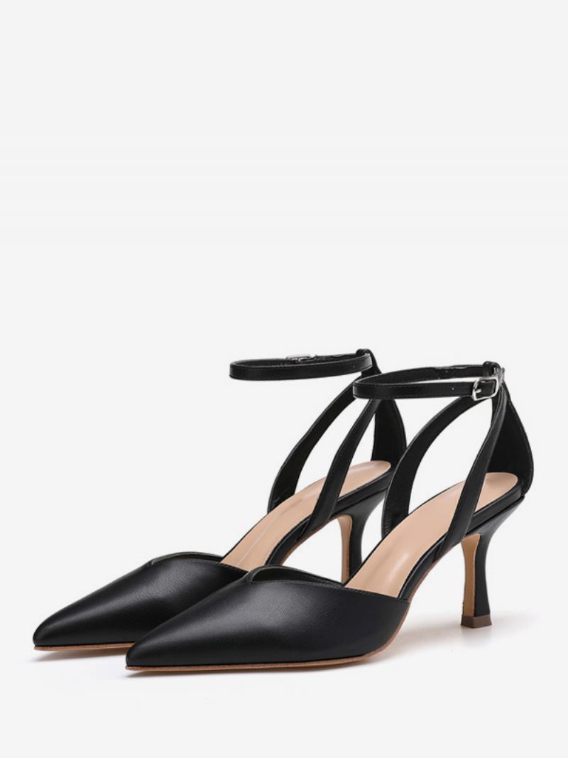 Naakt Kitten Heel Pumps Dames Pomp Met Puntige Neus Enkelbandje - Zwart