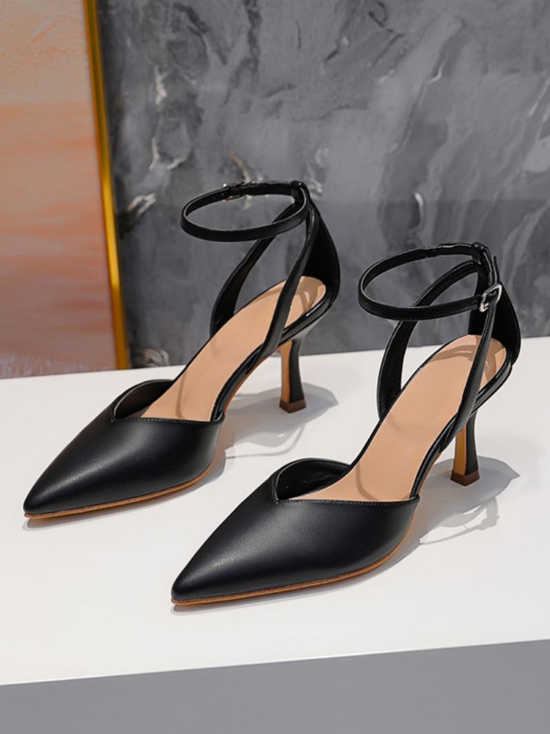 Naakt Kitten Heel Pumps Dames Pomp Met Puntige Neus Enkelbandje - Zwart