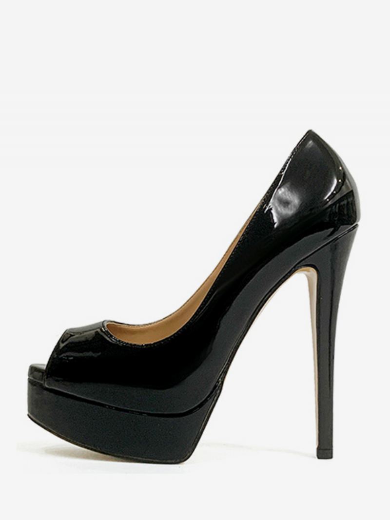 Peep Toe Hakken Platform Instapper Sexy Pumps Dames - Zwart