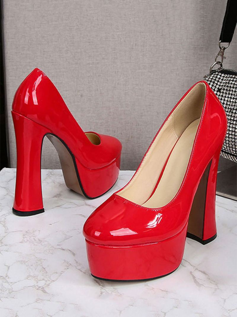 Platform Hakken Dames Dikke Pumps Met Hoge Hak - Rood