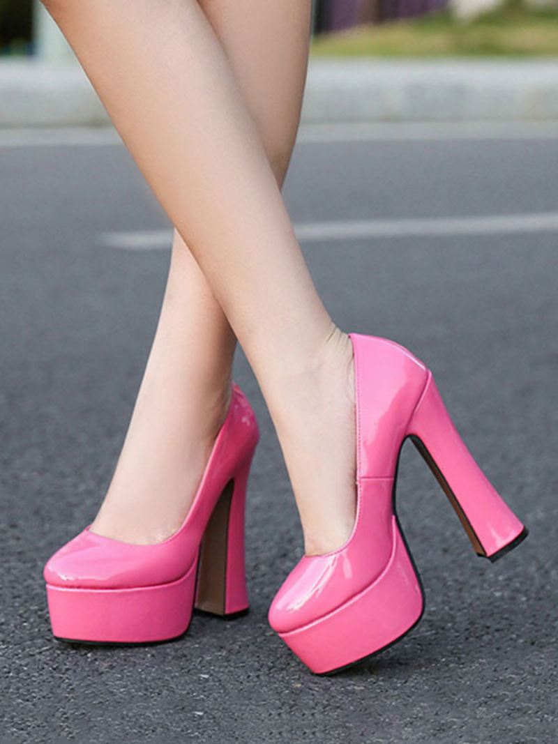 Platform Hakken Dames Dikke Pumps Met Hoge Hak - Magenta