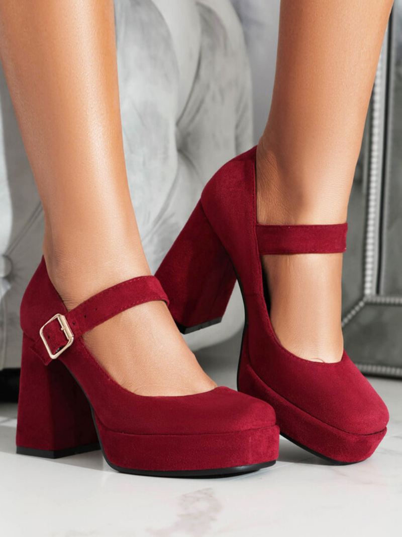 Platformpumps Dames Mary Jane-pumps Met Vierkante Neus Dikke Hak Gesp Bandjes - Rood