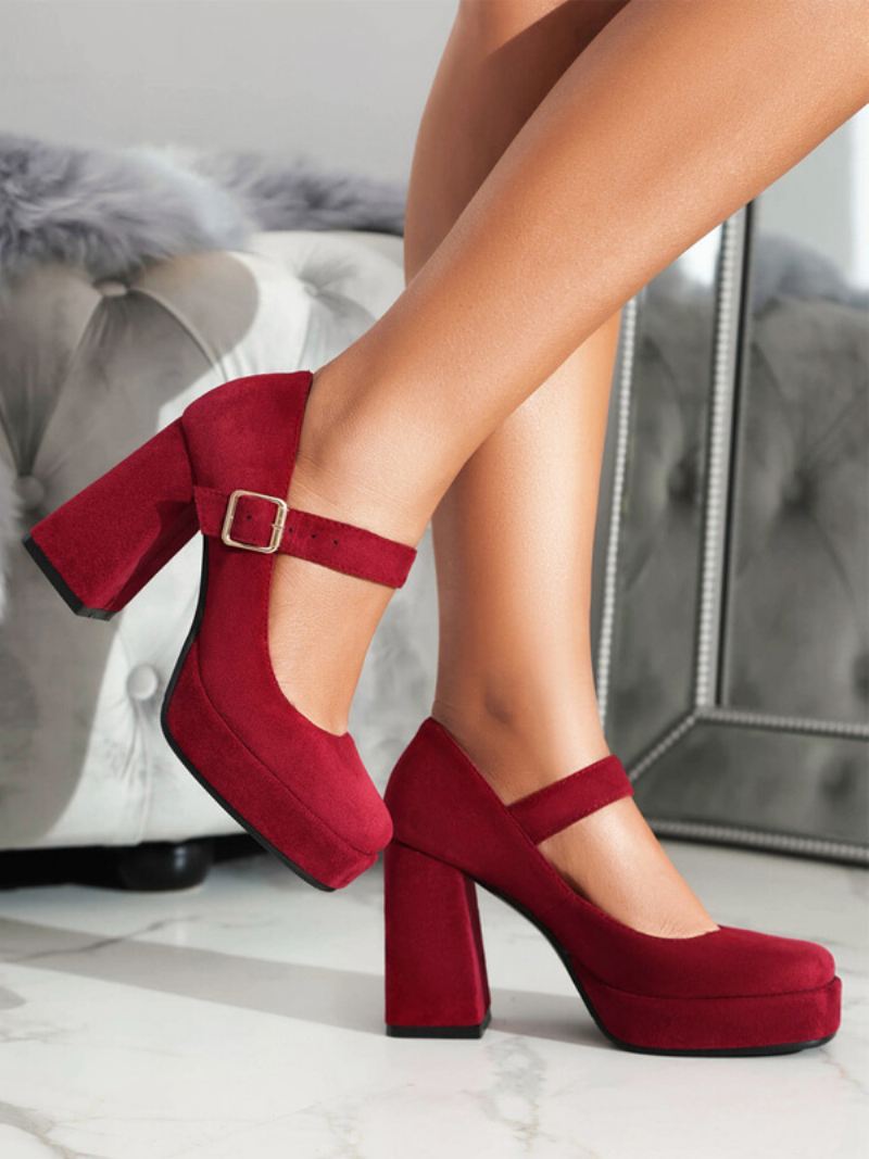 Platformpumps Dames Mary Jane-pumps Met Vierkante Neus Dikke Hak Gesp Bandjes - Rood