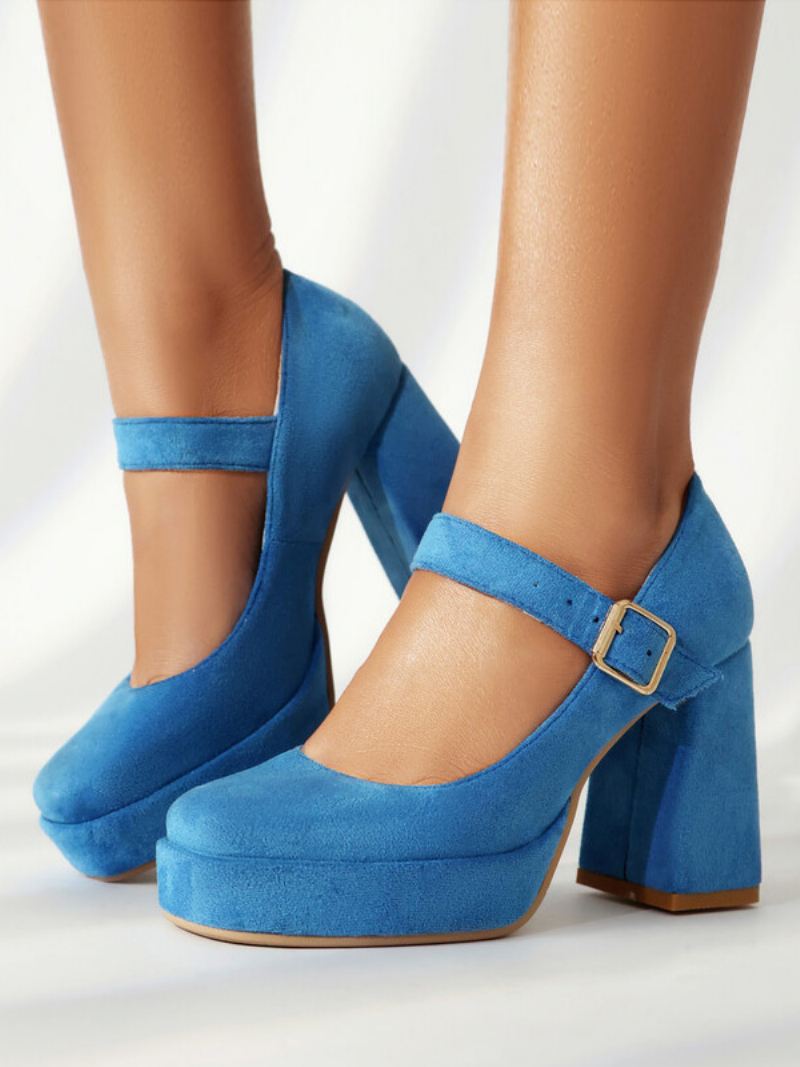 Platformpumps Dames Mary Jane-pumps Met Vierkante Neus Dikke Hak Gesp Bandjes - Blauw