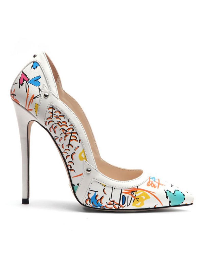 Pumps Met Hoge Hakken Puntige Neus Bloemen Dames - Wit