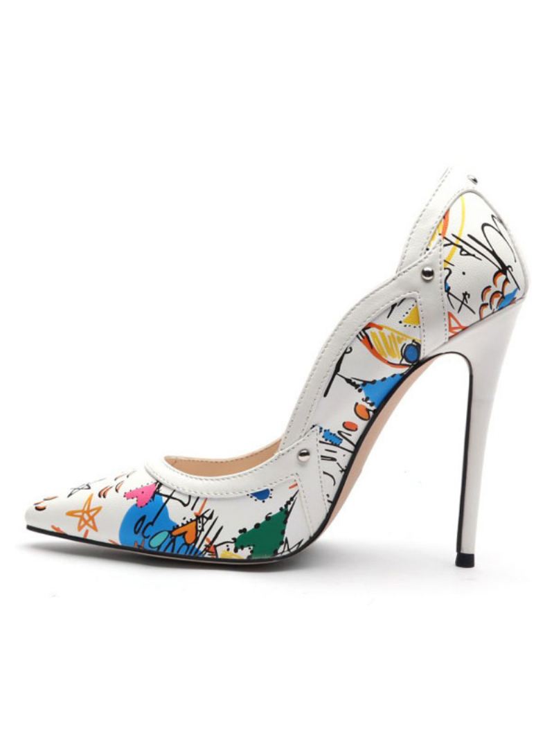 Pumps Met Hoge Hakken Puntige Neus Bloemen Dames - Wit