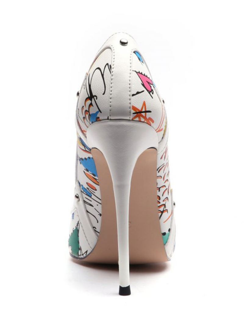 Pumps Met Hoge Hakken Puntige Neus Bloemen Dames - Wit