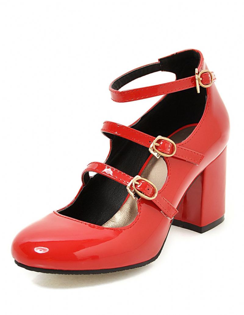 Roze Mid Hakken Ronde Neus Enkelband Mary Jane Schoenen Vrouwen Vintage - Rood