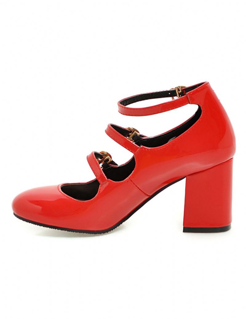 Roze Mid Hakken Ronde Neus Enkelband Mary Jane Schoenen Vrouwen Vintage - Rood