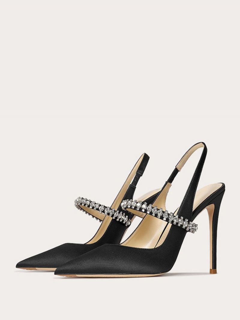 Satijnen Galaschoenen Dames Zwarte Strass Steentjes Spitse Neus Naaldhak Slingback Pumps