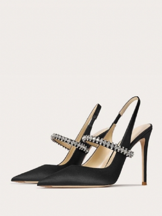 Satijnen Galaschoenen Dames Zwarte Strass Steentjes Spitse Neus Naaldhak Slingback Pumps