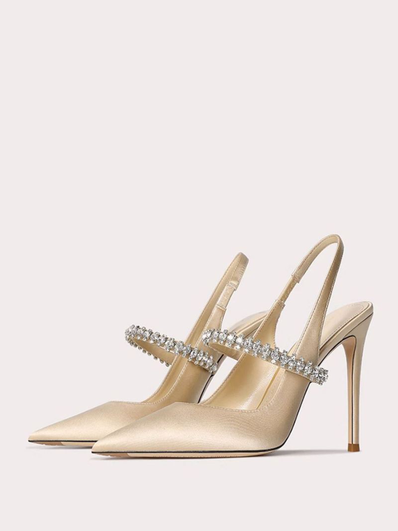 Satijnen Galaschoenen Dames Zwarte Strass Steentjes Spitse Neus Naaldhak Slingback Pumps - Lichtgeel