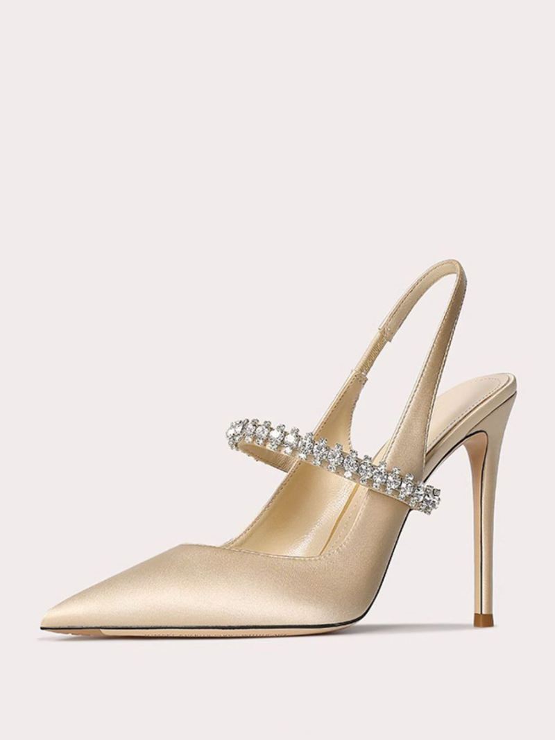 Satijnen Galaschoenen Dames Zwarte Strass Steentjes Spitse Neus Naaldhak Slingback Pumps - Lichtgeel