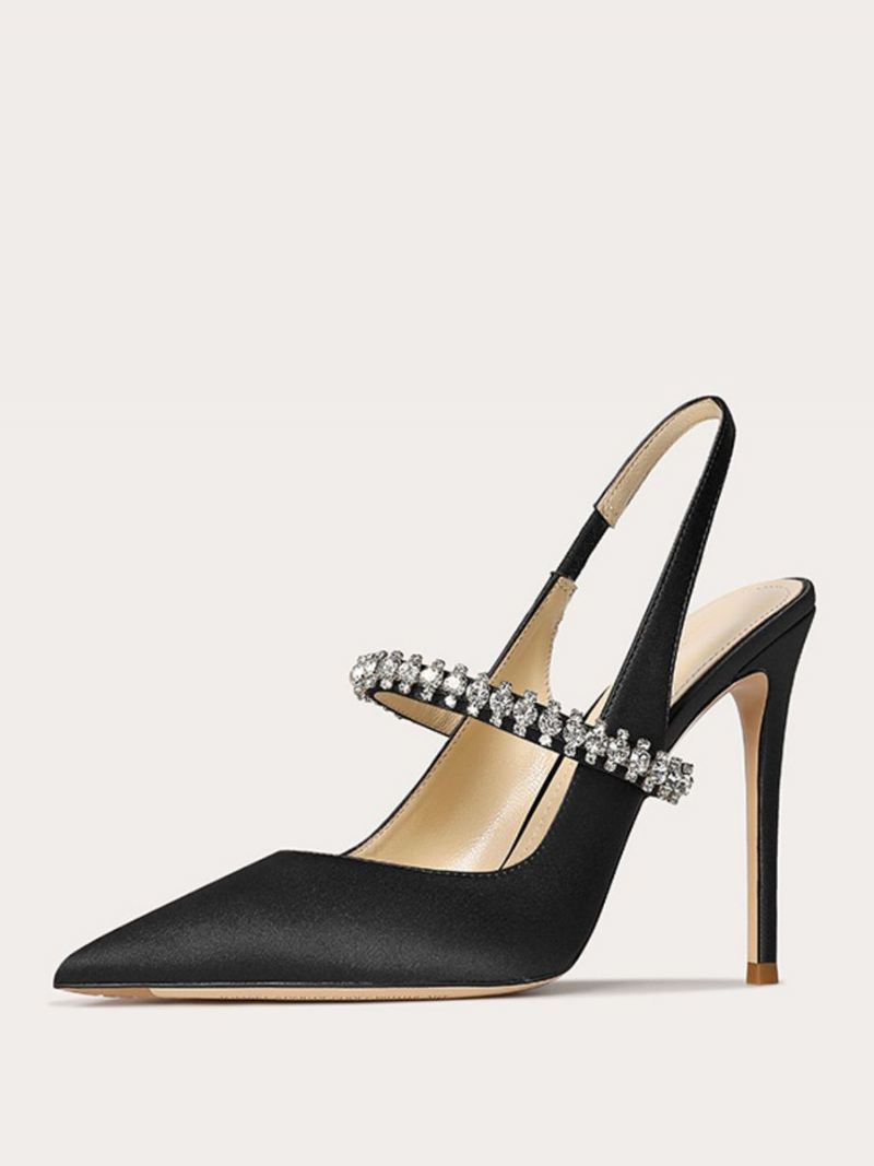 Satijnen Galaschoenen Dames Zwarte Strass Steentjes Spitse Neus Naaldhak Slingback Pumps - Zwart