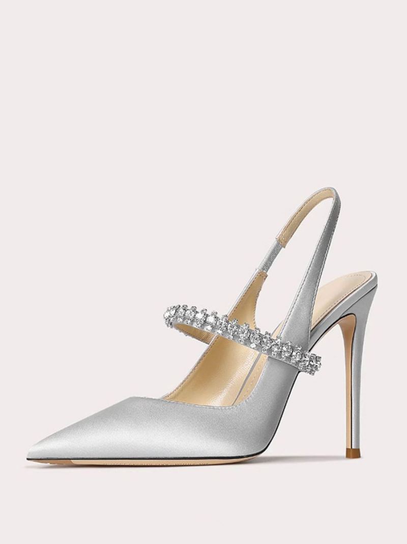 Satijnen Galaschoenen Dames Zwarte Strass Steentjes Spitse Neus Naaldhak Slingback Pumps - Zilver