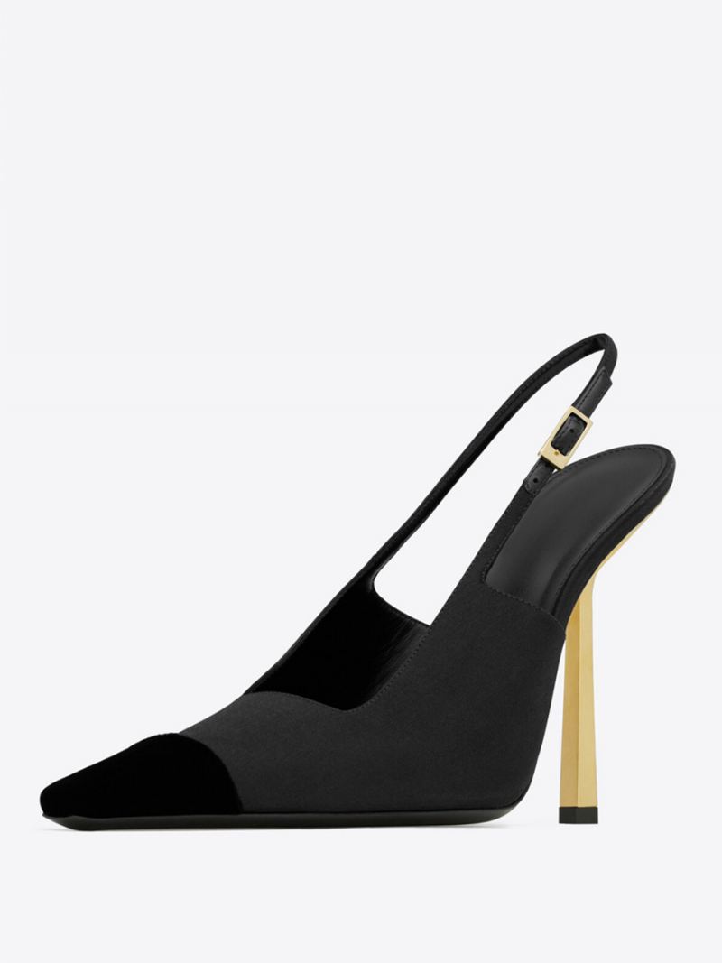 Satijnen Slingback-pumps Dames Zwarte Stilettohak-pumps Met Vierkante Neus