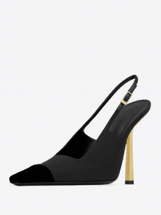 Satijnen Slingback-pumps Dames Zwarte Stilettohak-pumps Met Vierkante Neus