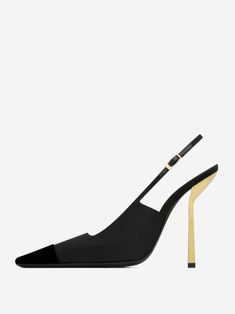 Satijnen Slingback-pumps Dames Zwarte Stilettohak-pumps Met Vierkante Neus - Zwart