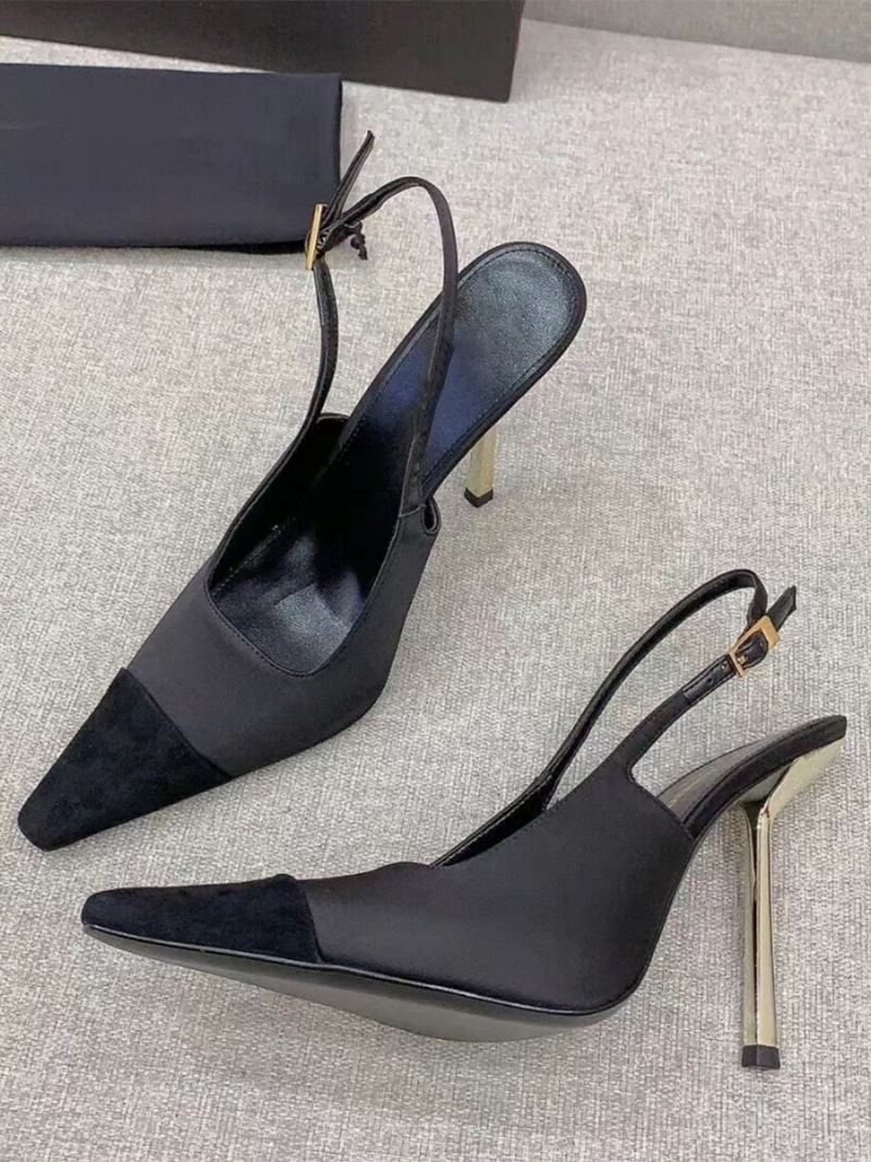 Satijnen Slingback-pumps Dames Zwarte Stilettohak-pumps Met Vierkante Neus - Zwart