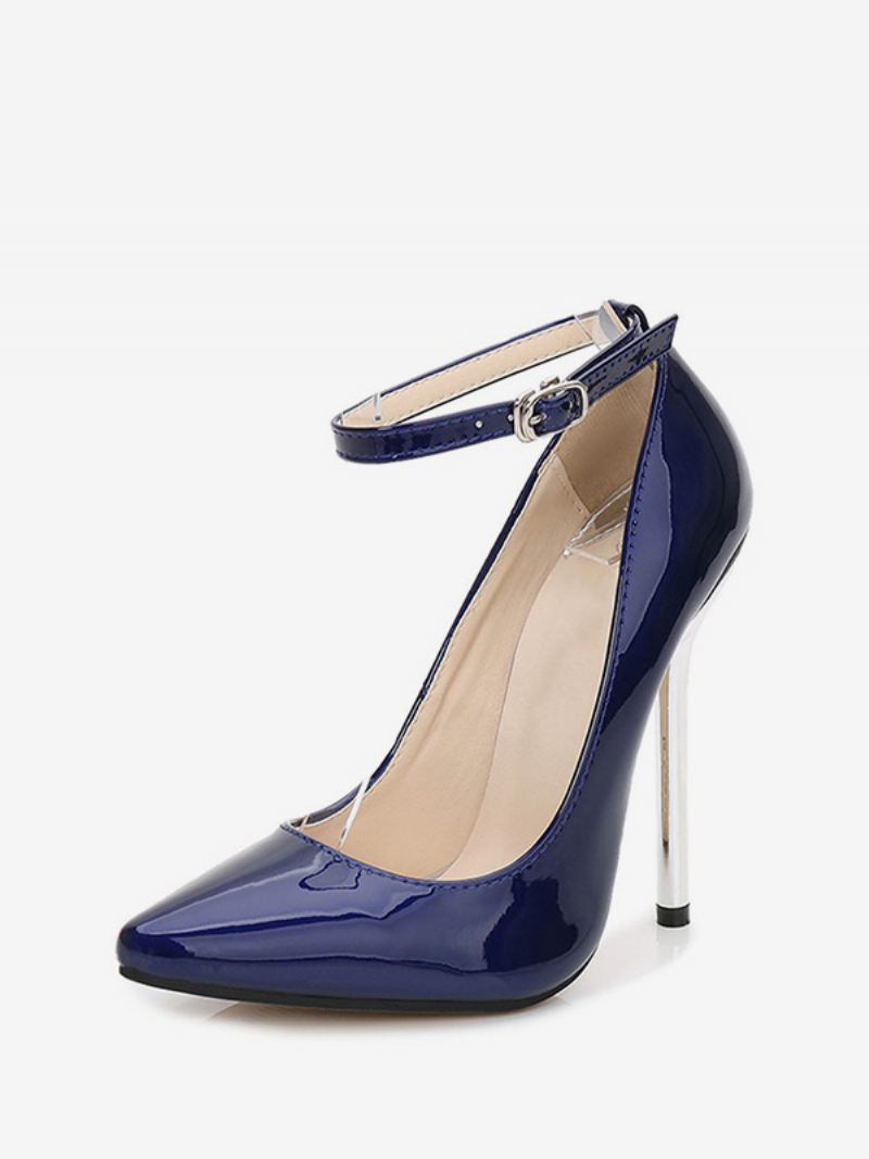 Sexy Enkelband Hakken Zwarte Spitse Neus Stiletto Hak Pompen Dames - Blauw