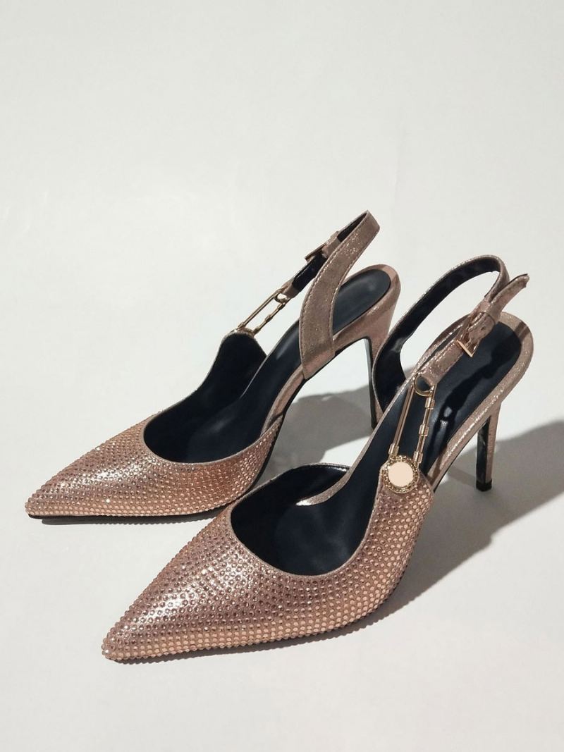 Slingback-pumps Dames Puntige Neus Strass-kettingdetail Feestschoenen Met Hoge Hak - Goud