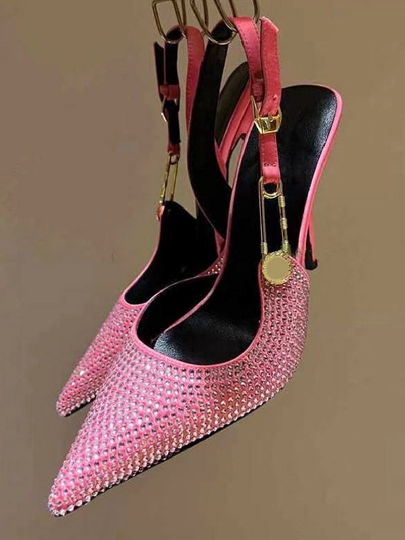 Slingback-pumps Dames Puntige Neus Strass-kettingdetail Feestschoenen Met Hoge Hak - Roos