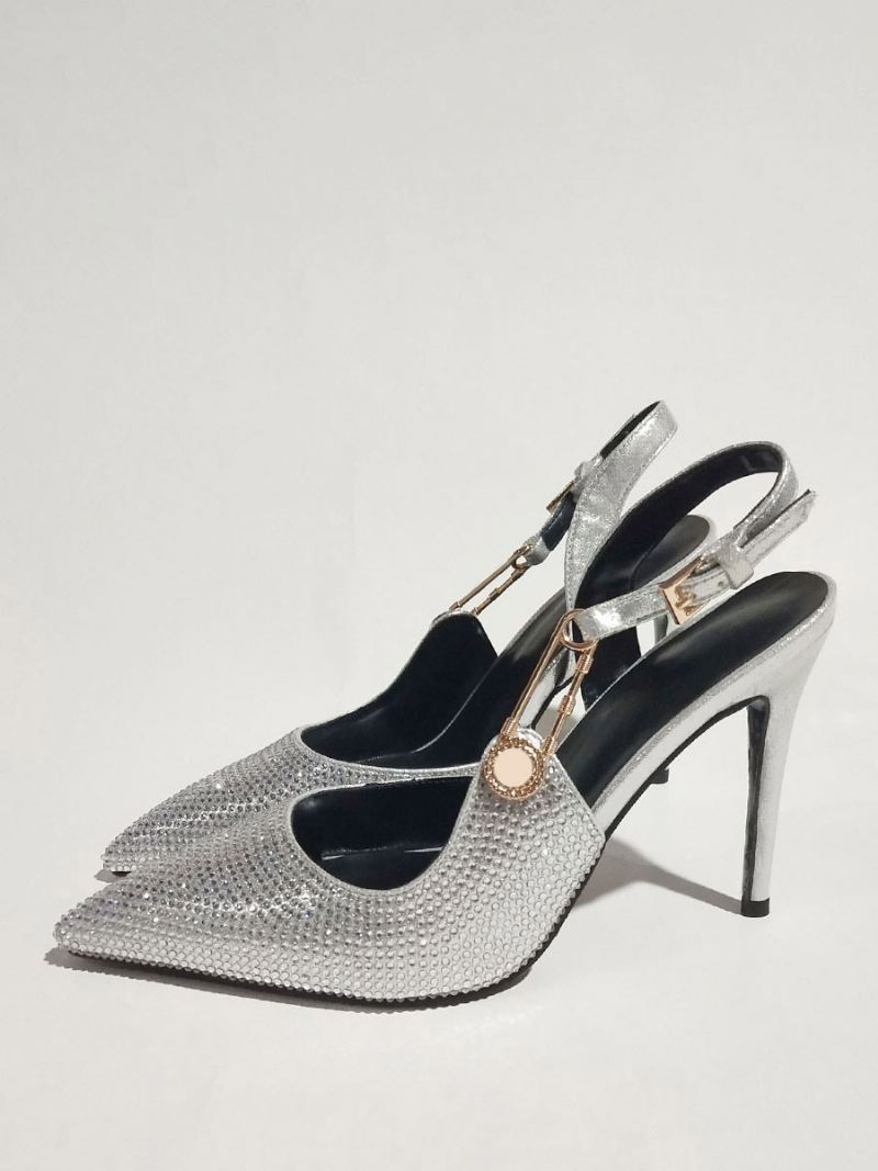 Slingback-pumps Dames Puntige Neus Strass-kettingdetail Feestschoenen Met Hoge Hak - Zilver