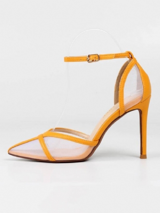 Stiletto-galahakpumps Dames Enkelbandje Geel Met Mesh