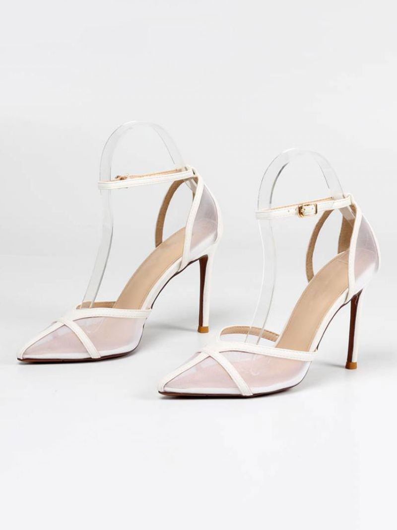 Stiletto-galahakpumps Dames Enkelbandje Geel Met Mesh - Wit