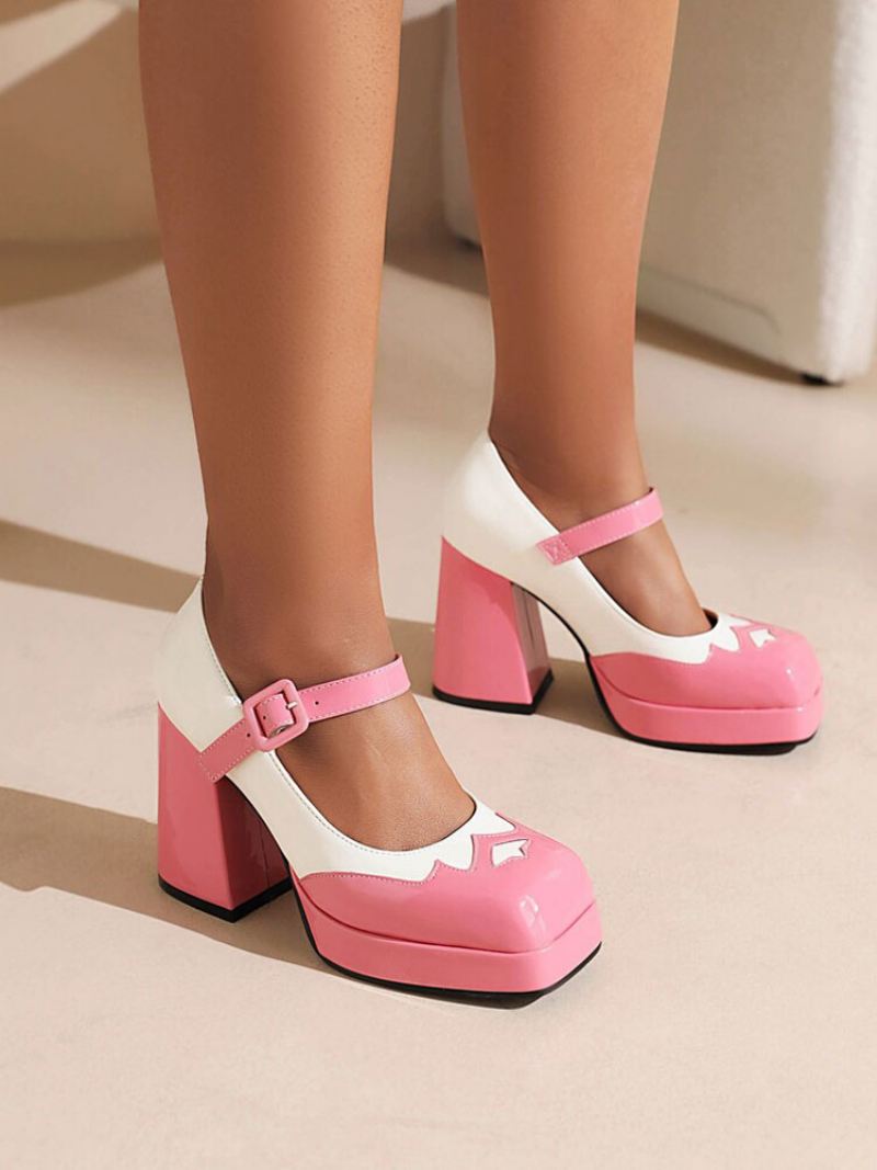 Tweekleurige Mary Jane-pumps Met Dikke Hak Dames - Roze